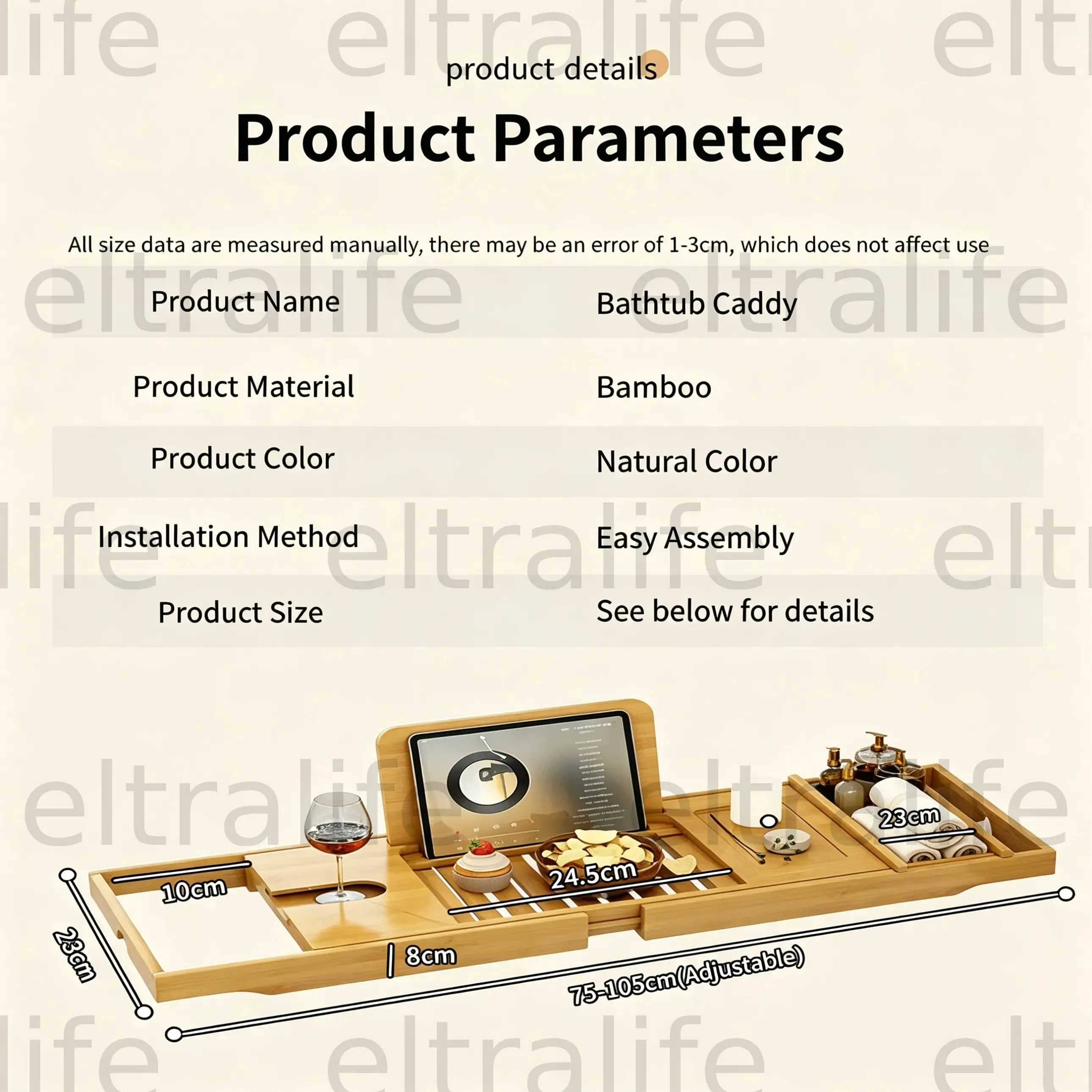 Expandable Bamboo Bathtub Tray, Multifunctional Bath Caddy with Tablet and Wine Glass Holder for Home Spa eltralife