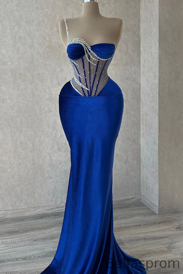 Bellasprom One Shoulder Royal Blue Prom Dress Mermaid Sleeveless With Beads Bellasprom