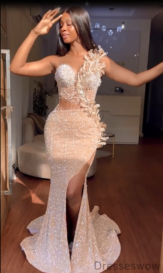 Dresseswow Sleeveless Mermaid Evening Gown With Split Sequins Flowers