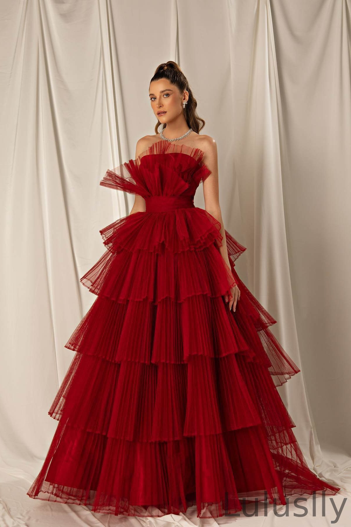 Luluslly Burgundy Strapless Long Evening Dress Tulle Layered Online