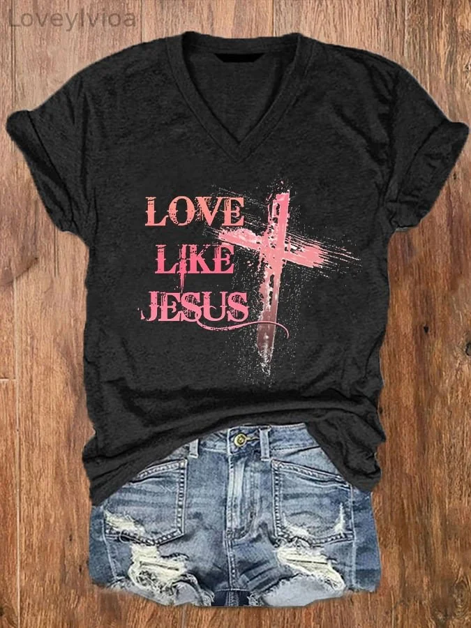 Women's Love Like Jesus Faith Cross Printed V-neck T-shirt