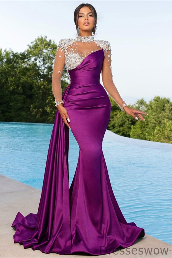 Dresseswow High Neck Purple Prom Dress Mermaid Long Sleeves With Crystal