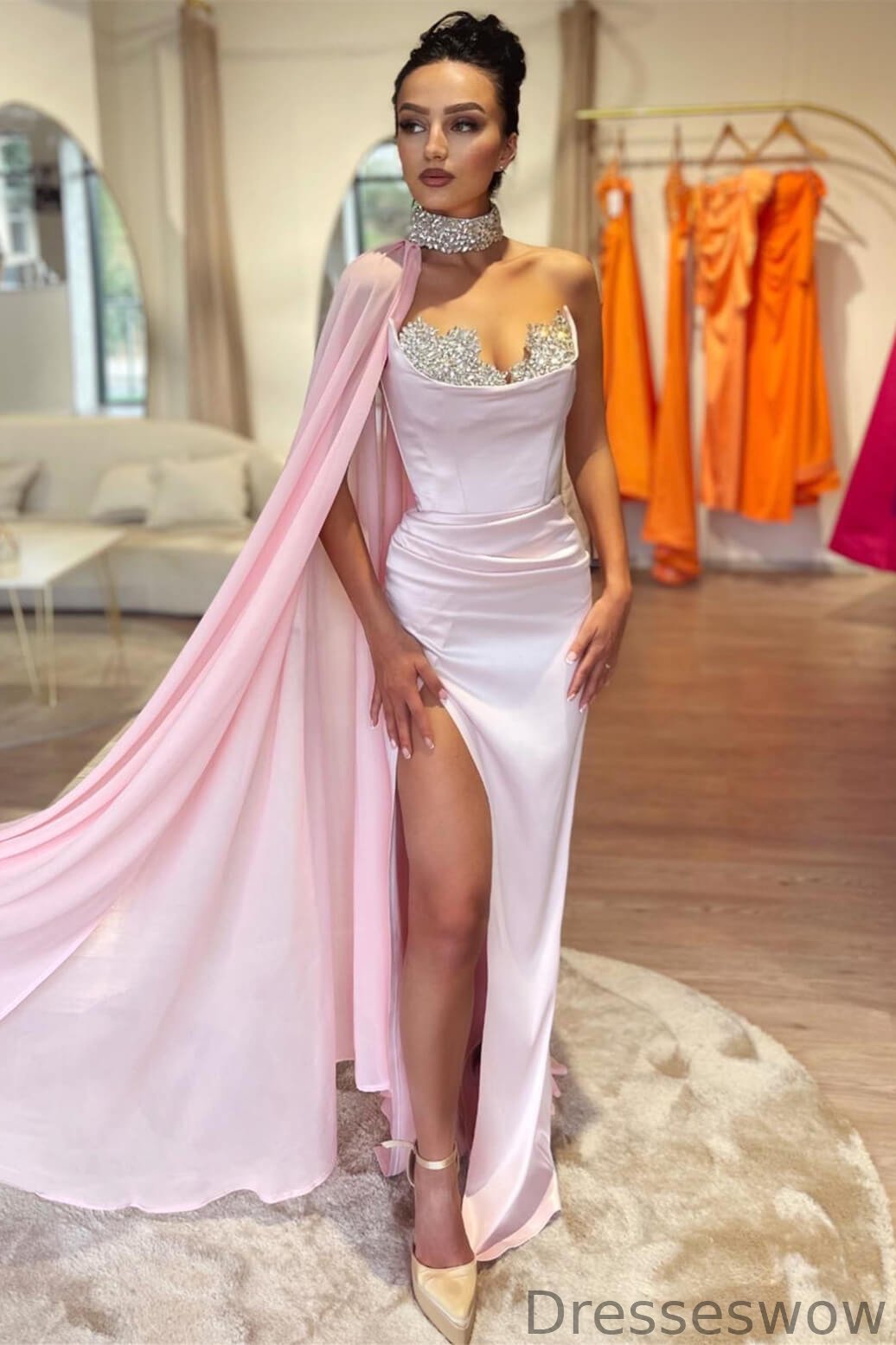 Dresseswow Pink Sleeveless Mermaid Party Prom Dresses High Neck Crystal With Split Ruffles