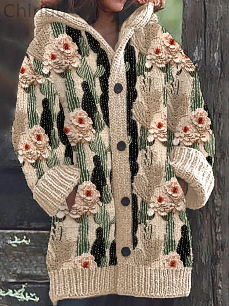 Cactus & Flower Embroidery Art Cozy knit Hooded Cardigan