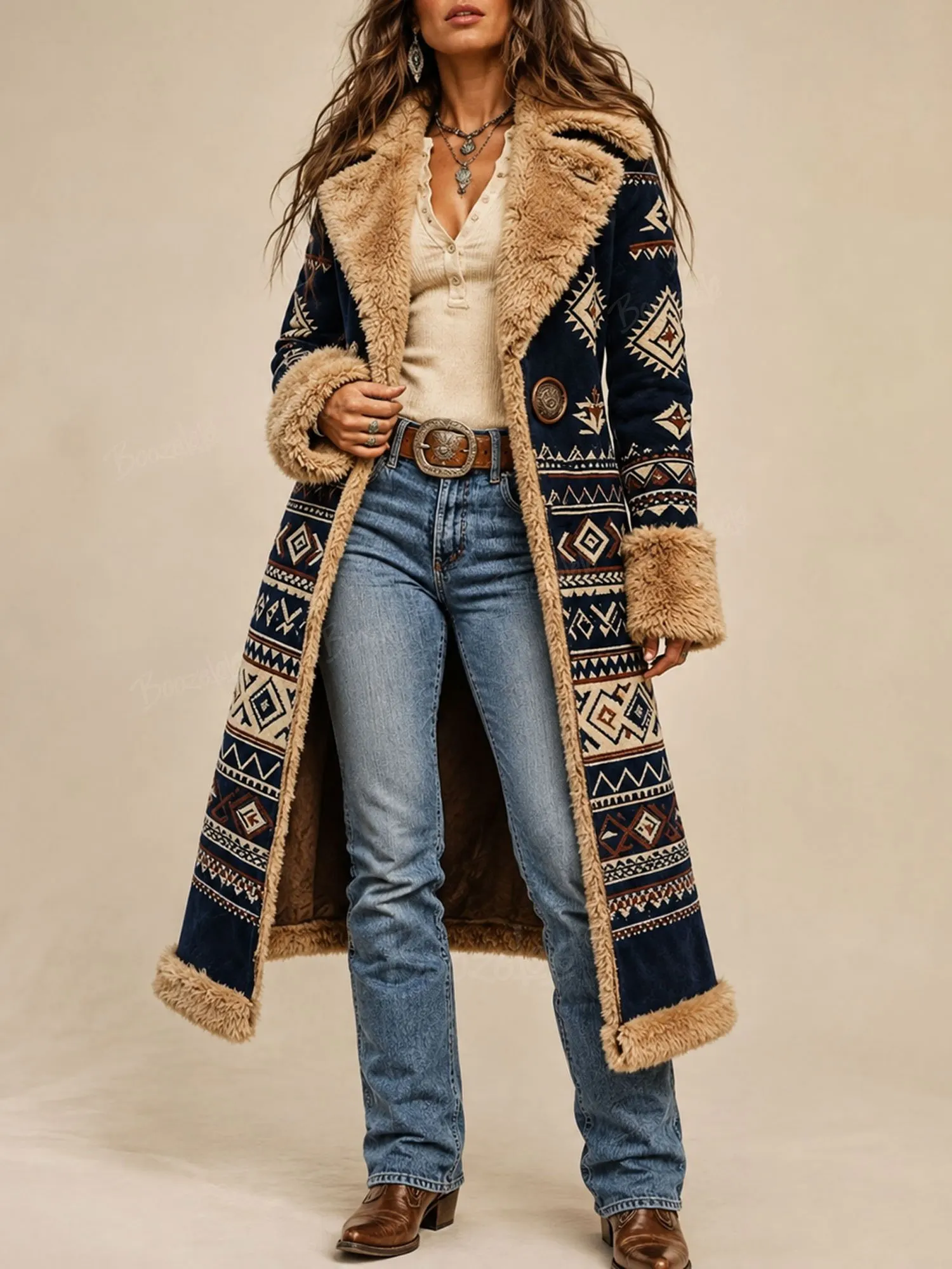 Ideal for an Autumn Napa Valley Wine Tour & Estate Gatherings &mdash; 2026 Fall Women&rsquo;s Classic Blue Tribal Geometric Jacquard Luxury Fleece Edging Boho Chic Trench Coat