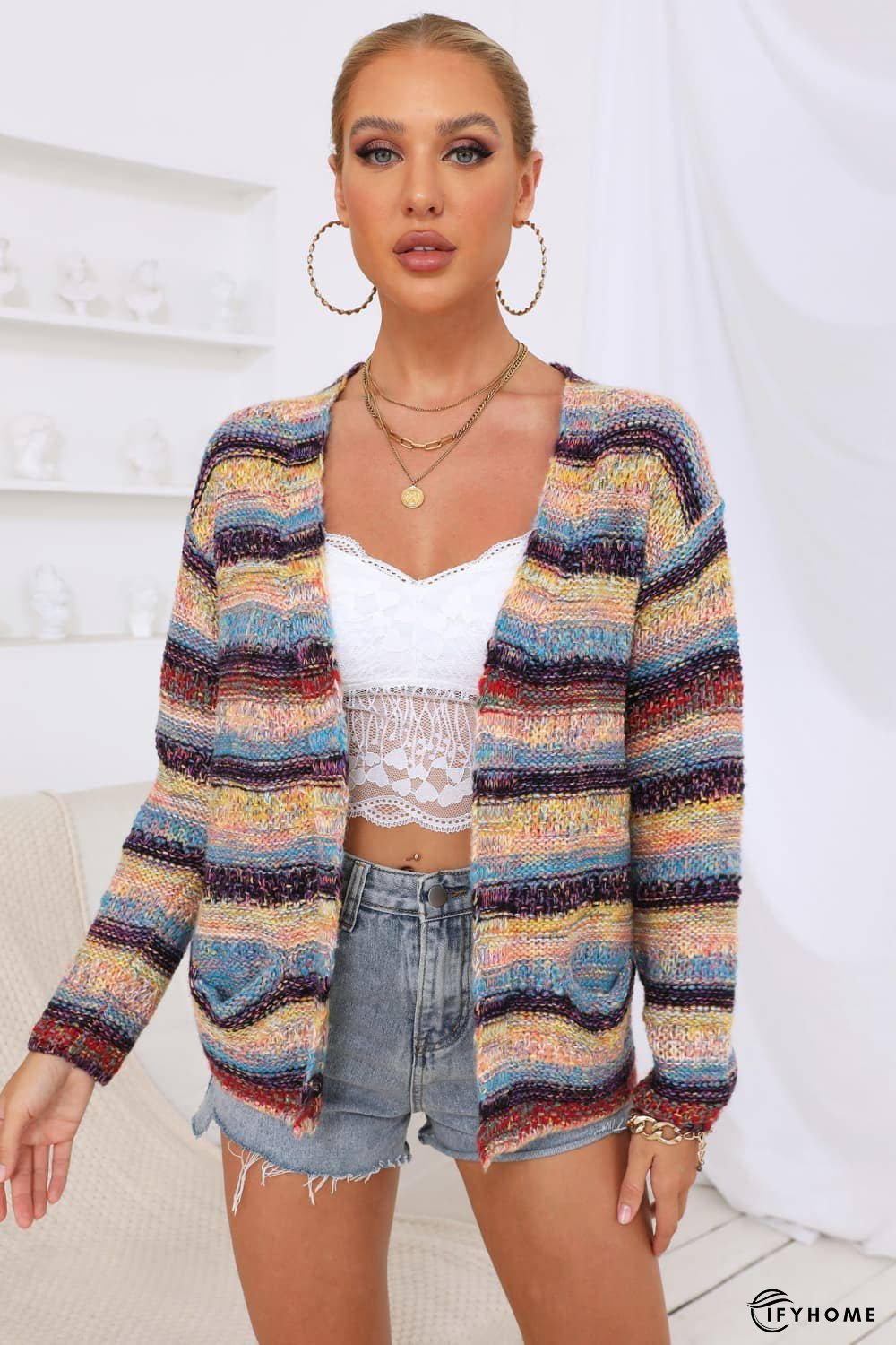 Striped Long Sleeve Open Front Cardigan | IFYHOME