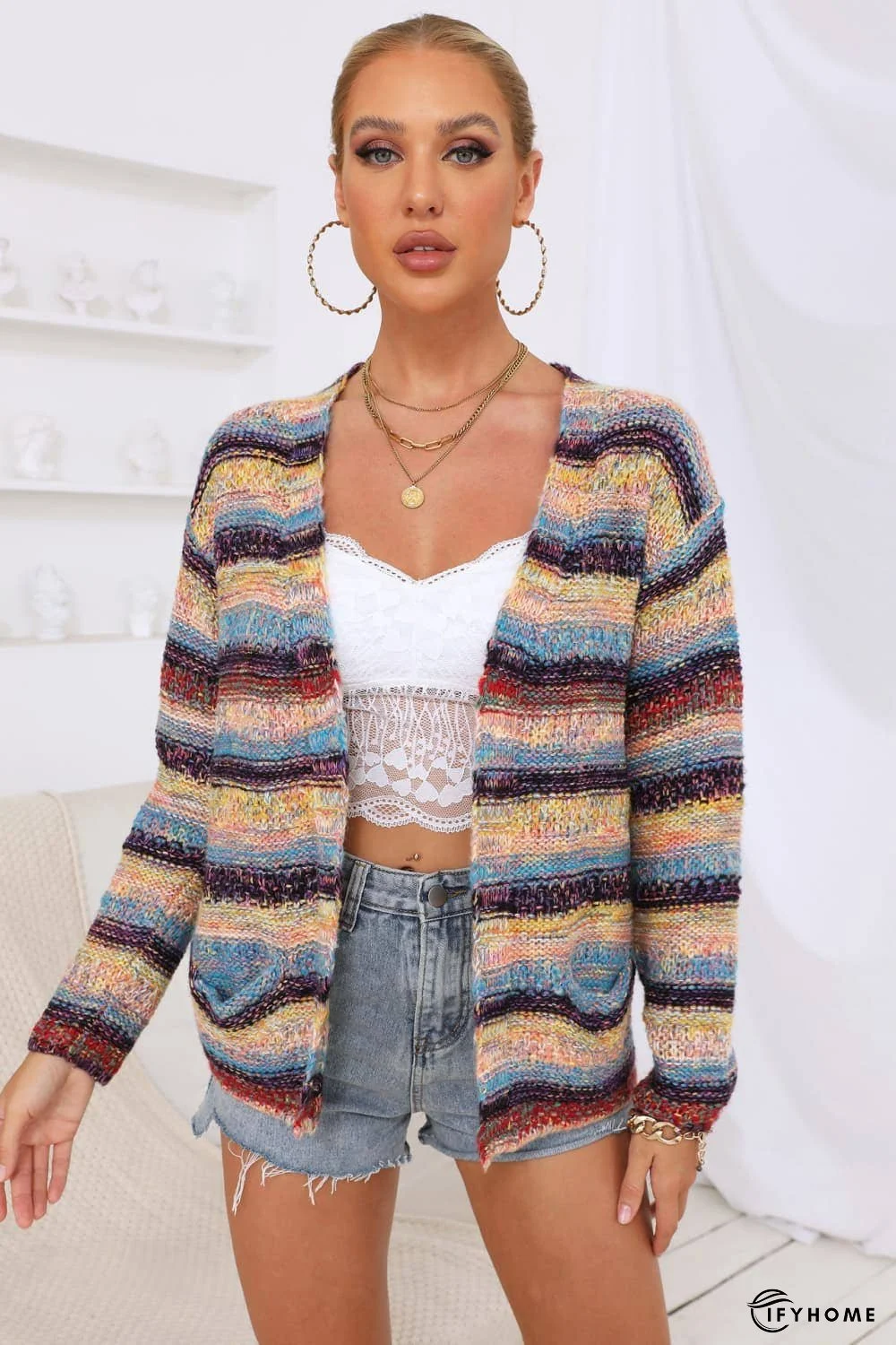 Striped Long Sleeve Open Front Cardigan | IFYHOME