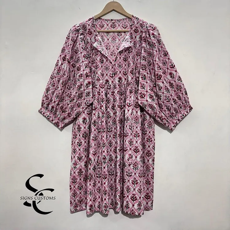 Floral Hand Block Print Woman Midi Dress &ndash; Soft Cotton Casual Summer Tunic with String Closure