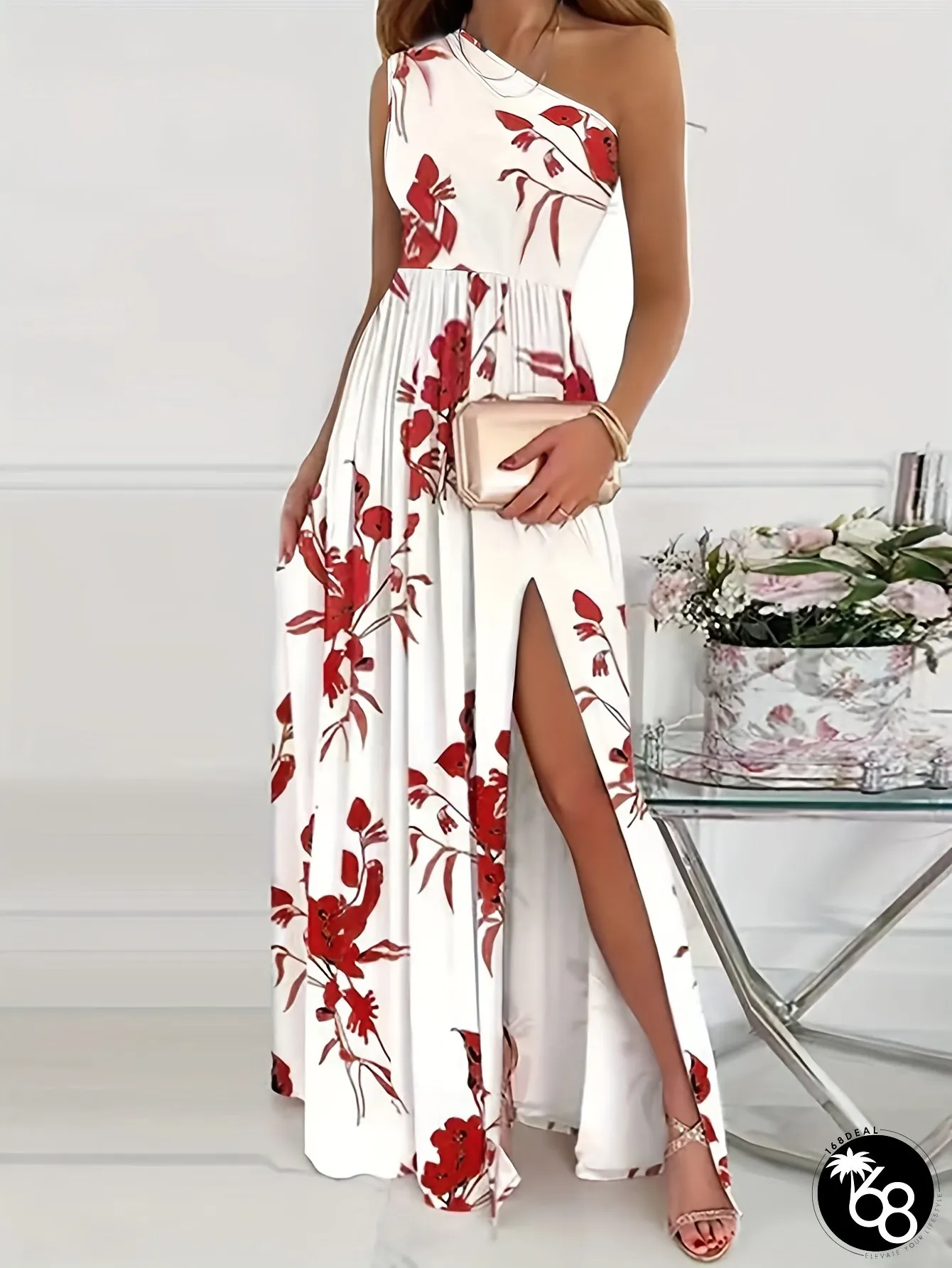 Womens French Elegant Evening Dress One-Shoulder Party gown with High Slit Floral print | 168DEAL