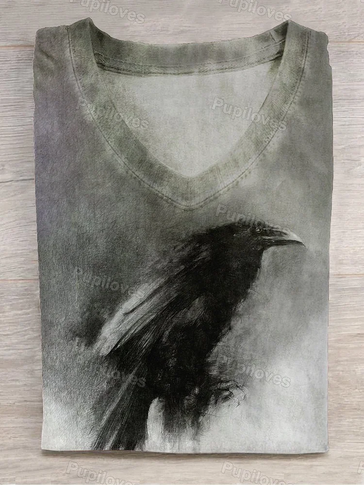 Pupiloves Pupiloves  Unisex Raven Illustration Art Print V-Neck Short Sleeve T-Shirt