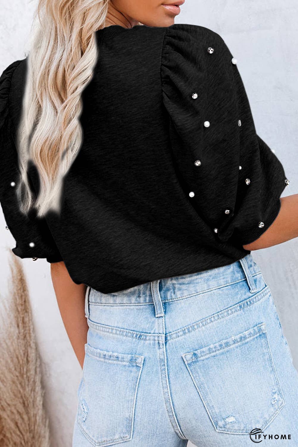 Rhinestone Pearl Puff Half Sleeve Top | IFYHOME