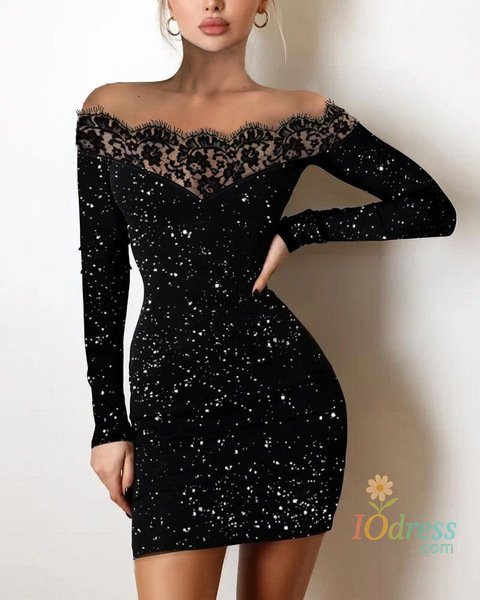 IO Dress 2024 New Spring Women's Fashion, Elegance, Leisure, Sexy Long sleeved Lace Edge, One Shoulder Silver Powder Sprinkled Dress
