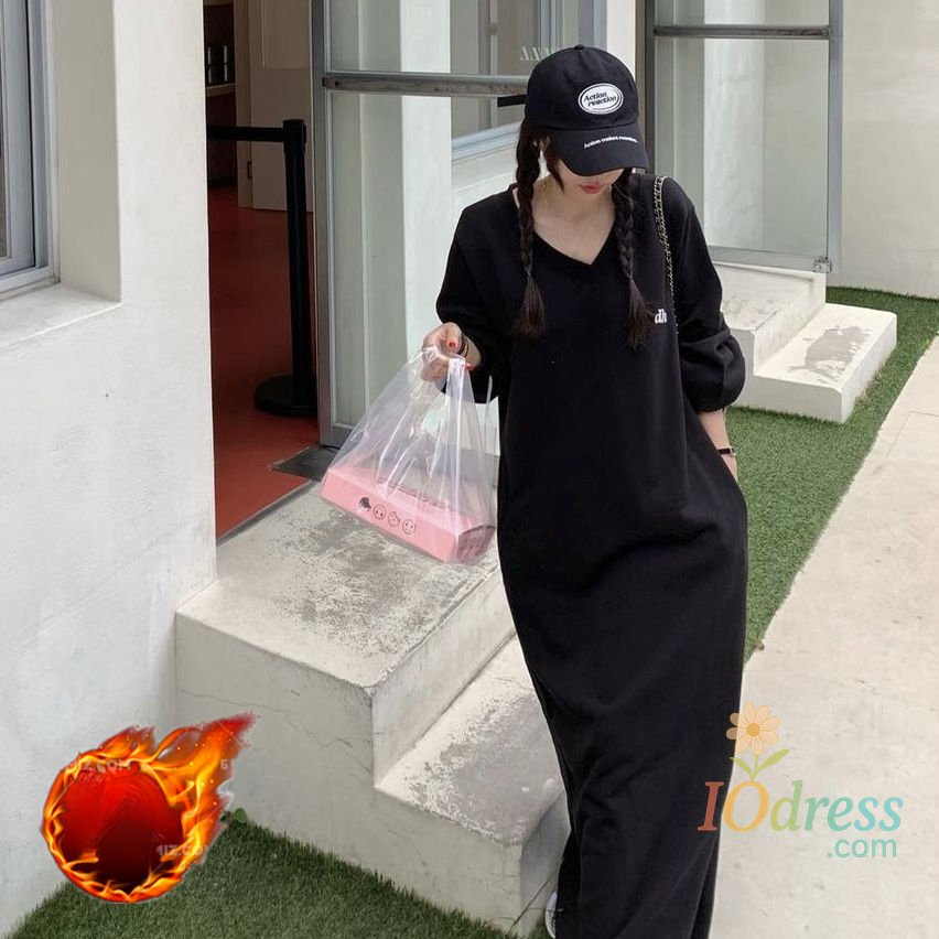 IO Dress Fashion Lazy Wind Dresses Autumn Winter New Women V-Neck Embroidery Plus Velvet Long Sleeve A-line Ankle-Length Sweatshirt Dress