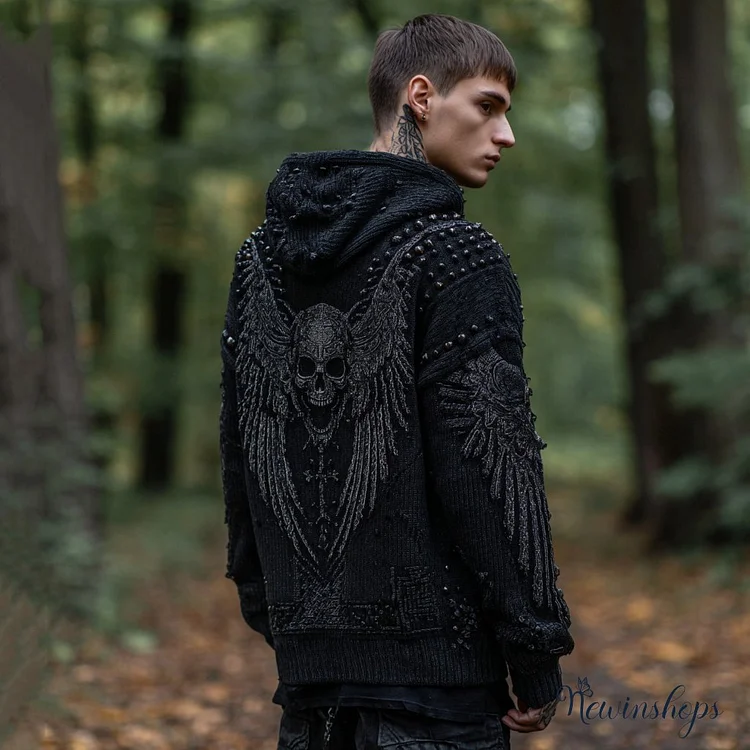 Men's Dark Wings Skull Knitted Comfort Hooded Sweater