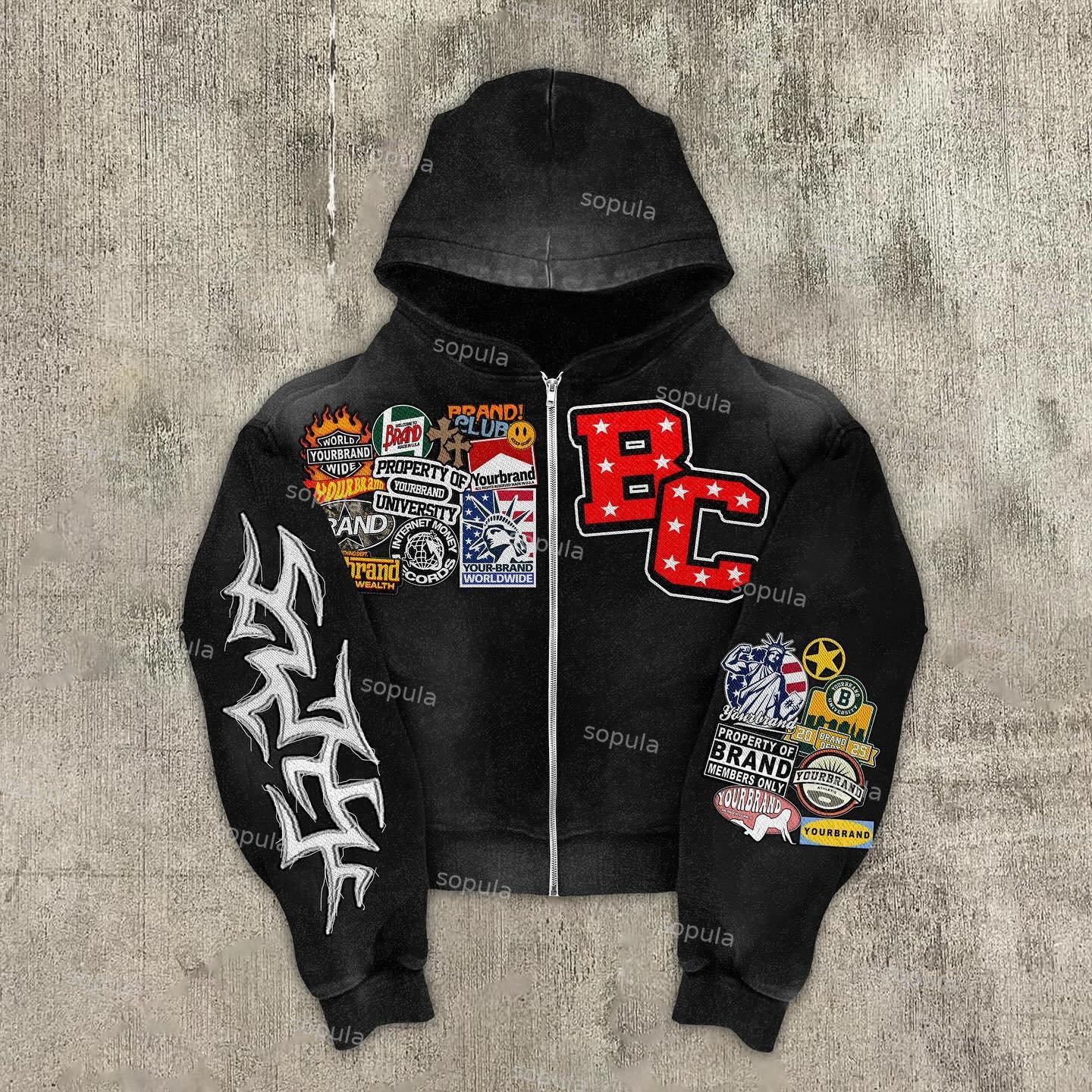 Sopula Vintage Warzone Peace Club Graphic Washed Zip-Up Hoodie