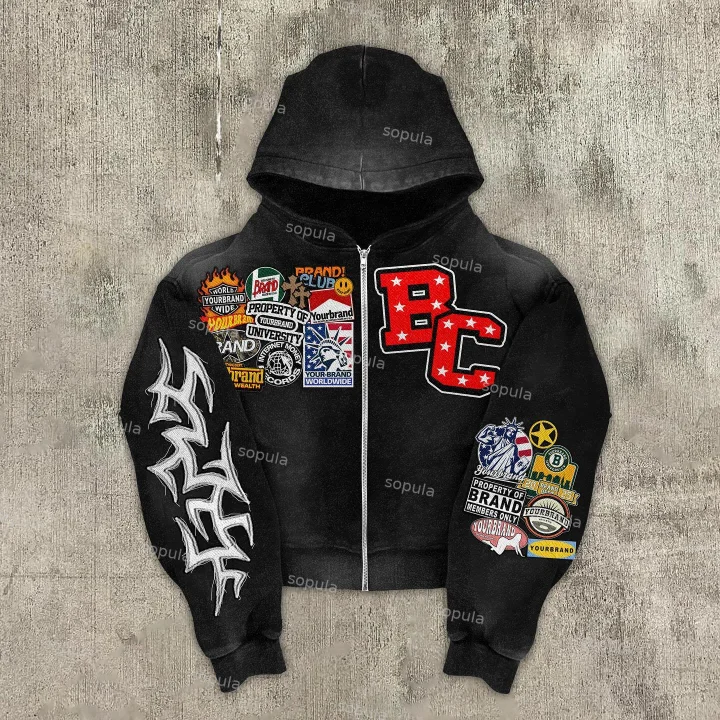 Sopula Vintage Warzone Peace Club Graphic Washed Zip-Up Hoodie