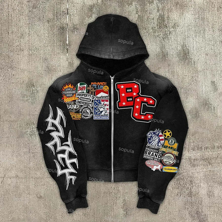 Sopula Vintage Warzone Peace Club Graphic Washed Zip-Up Hoodie
