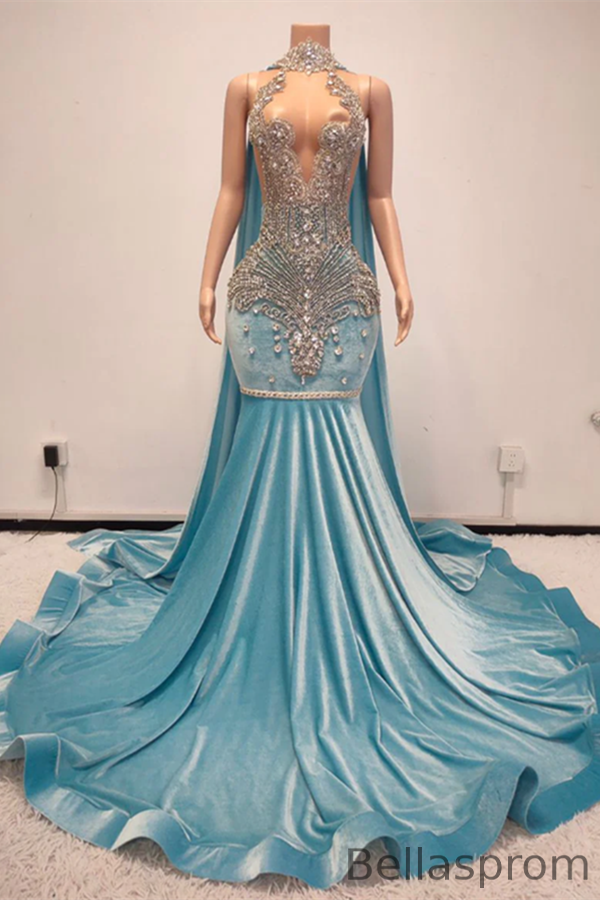 Bellasprom Blue Velvet Mermaid Prom Dress Sleeveless High Neck Ruffle With Beadings Bellasprom