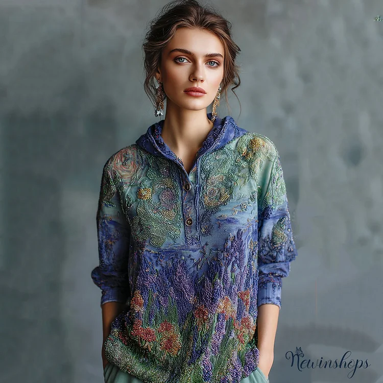 Women's Oil Painting Floral Contrast Color Sequined Button Hoodie