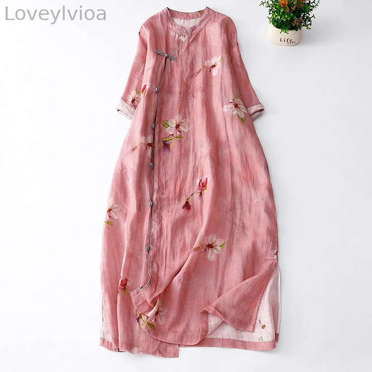 Vintage Japanese Art Floral Cotton Linen Maxi Dress
