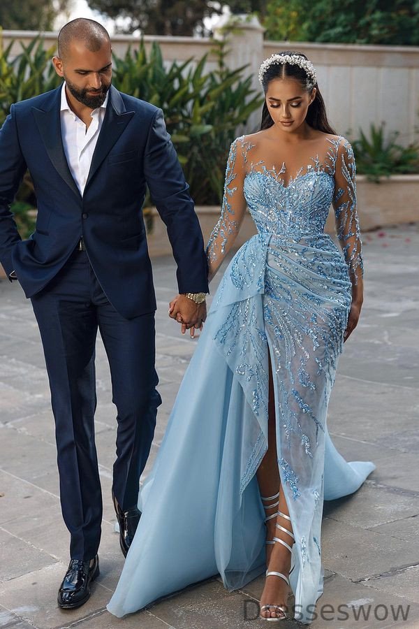 Dresseswow Long Sleeves Sky Blue Evening Dress Mermaid Slit With Sequins Appliques