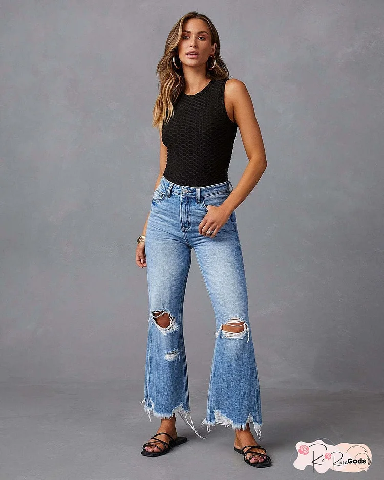 Cindy Light Wash Distressed Crop Flare Jeans
