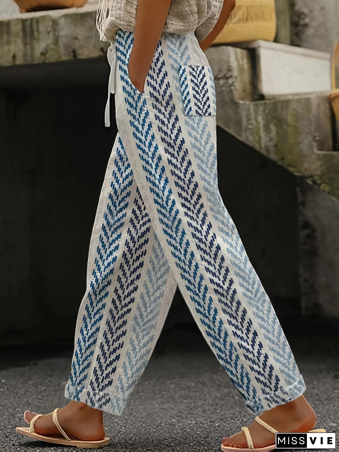 Womens Elegant Geometric Print Wide-leg Pants with Adjustable Drawstring Waist High