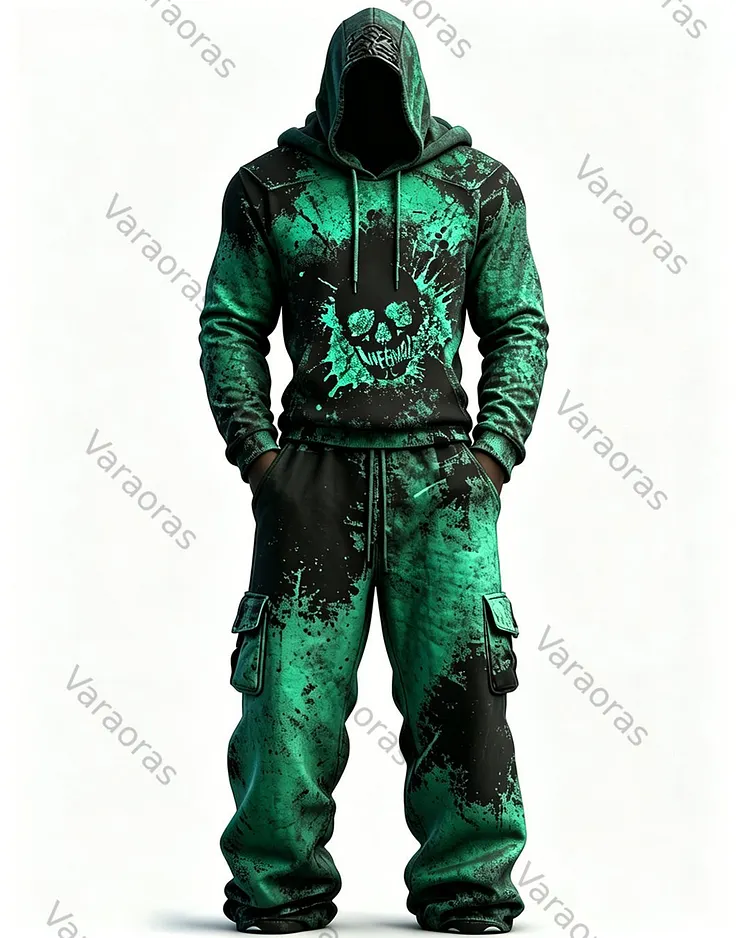 Men's Fashion Viking Contrast Color Skull Embroidered Hoodie & Pants Two-Piece Set 6893