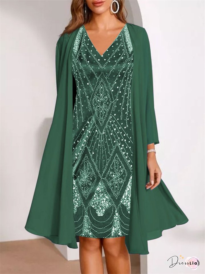 Spring and Autumn Chiffon Two-piece Set 3D Digital Printing Chiffon Shirt Skirt Long Sleeve V-neck Temperament Commuter Casual Suit Dress