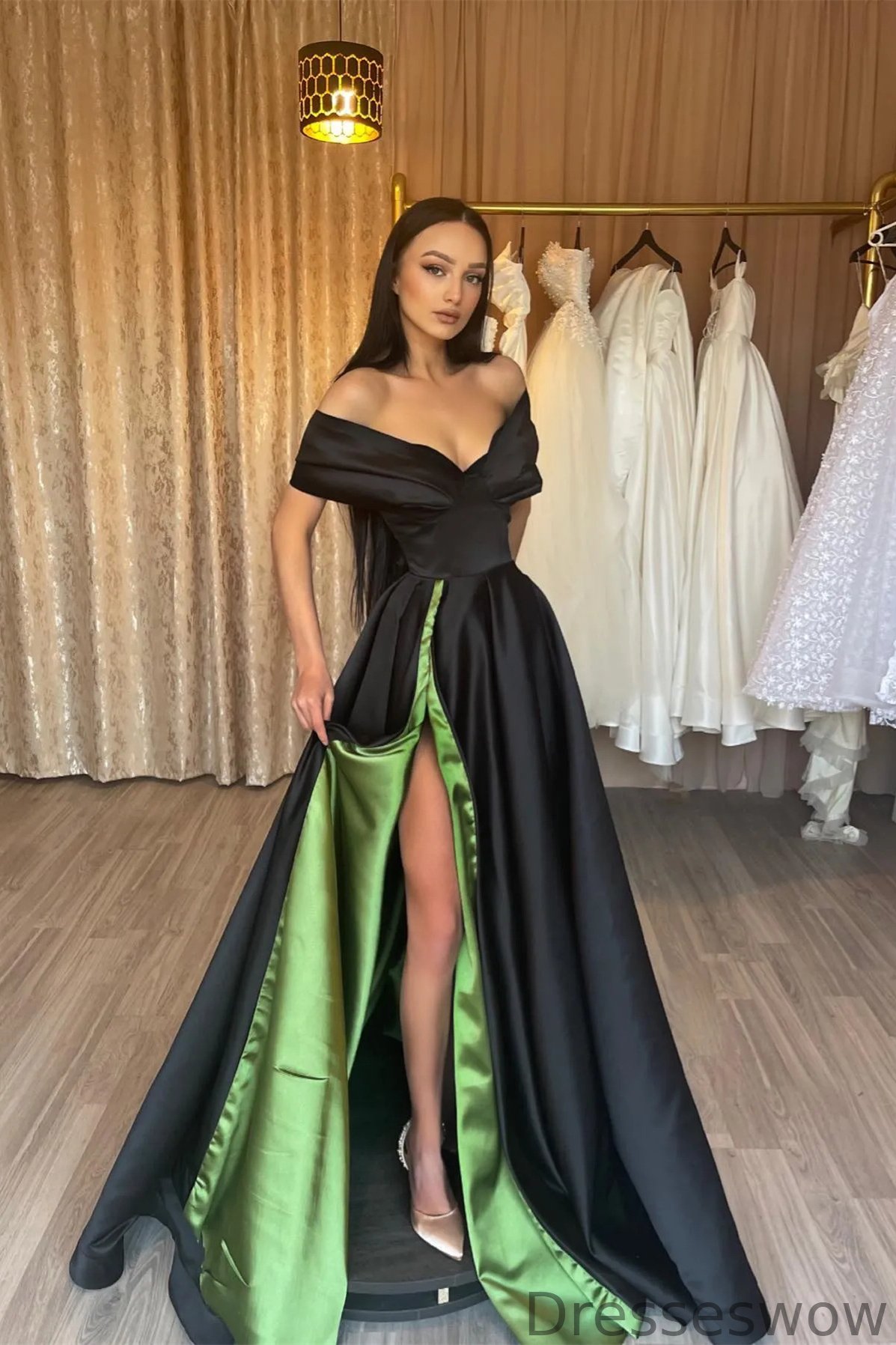 Dresseswow Off-the-Shoulder Black Prom Dress Split Long Designer Party Gowns
