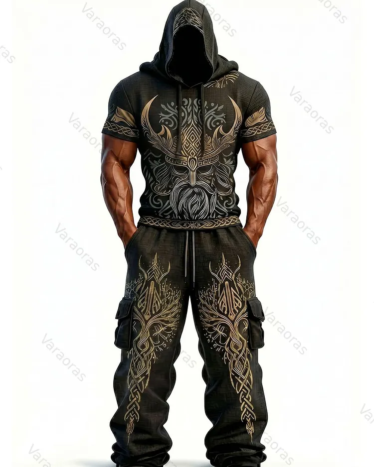 Men's Fashion Viking Contrast Color Embroidered Hoodie & Pants Two-Piece Set 5714