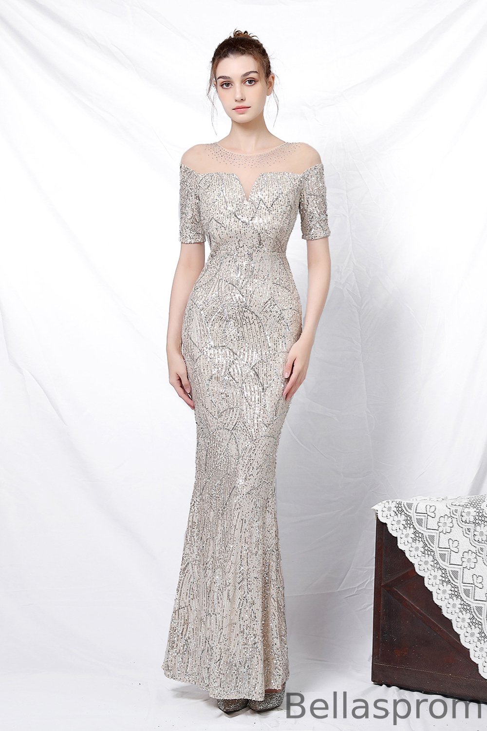 Bellasprom Short Sleeves Sheer Neck Mermaid Evening Dress Sequined Online YE0093 Bellasprom