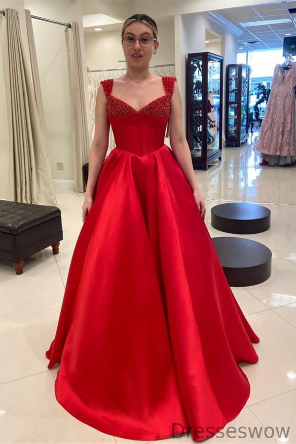 Dresseswow Red Cap Sleeves Sweetheart Evening Dress Long With Beads