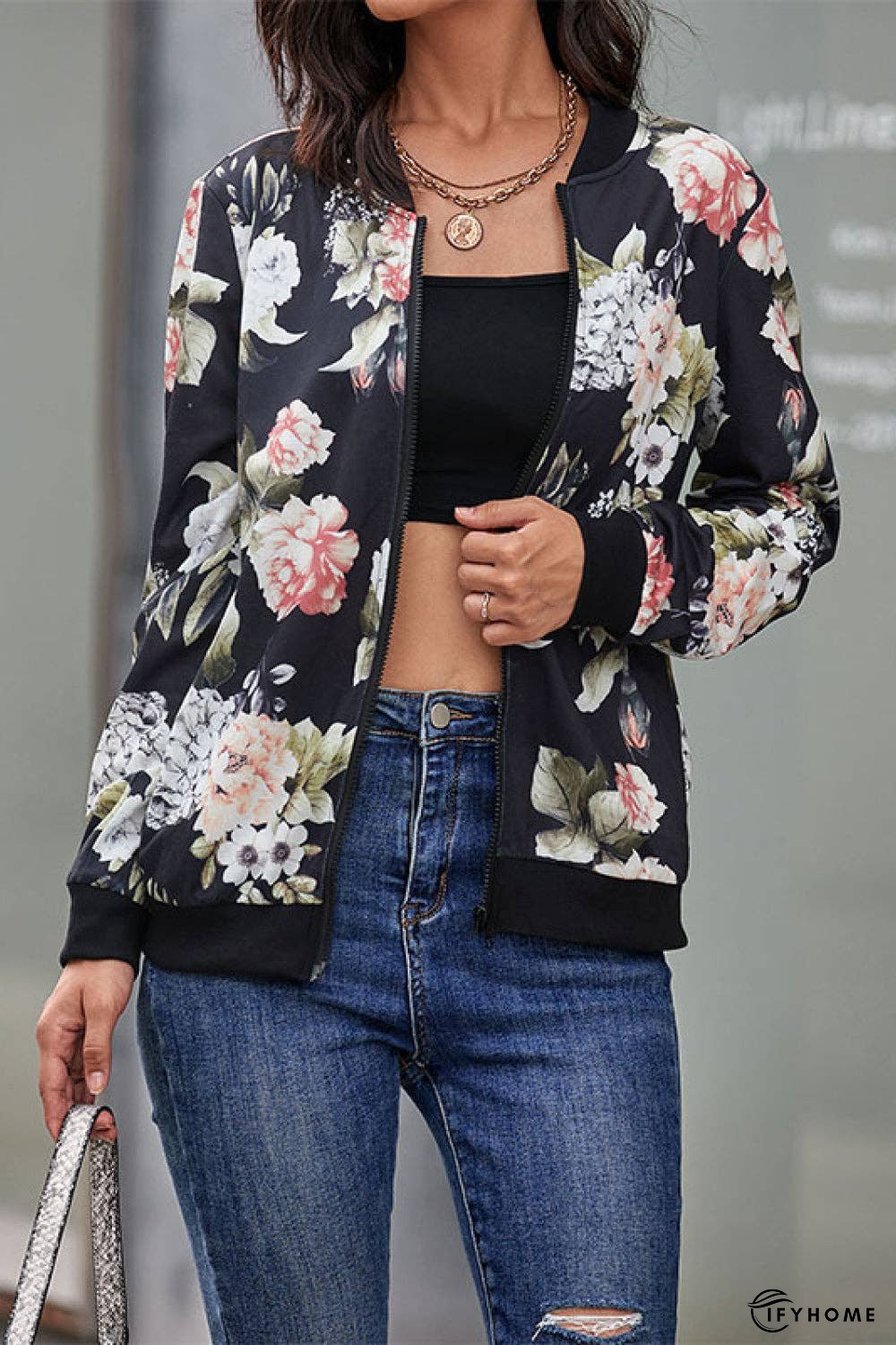 Floral Print Zip Up Bomber Jacket | IFYHOME