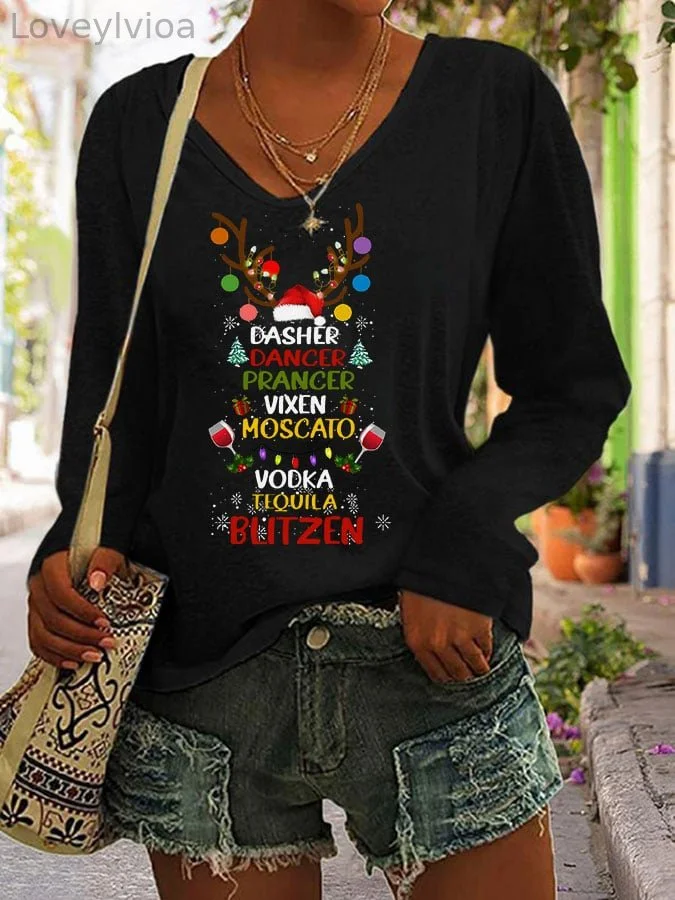 Women’s Dasher Dancer Prancer Vixen Moscato Vodka Tequila Blitzen Printed Casual Long Sleeve V-Neck T-Shirt