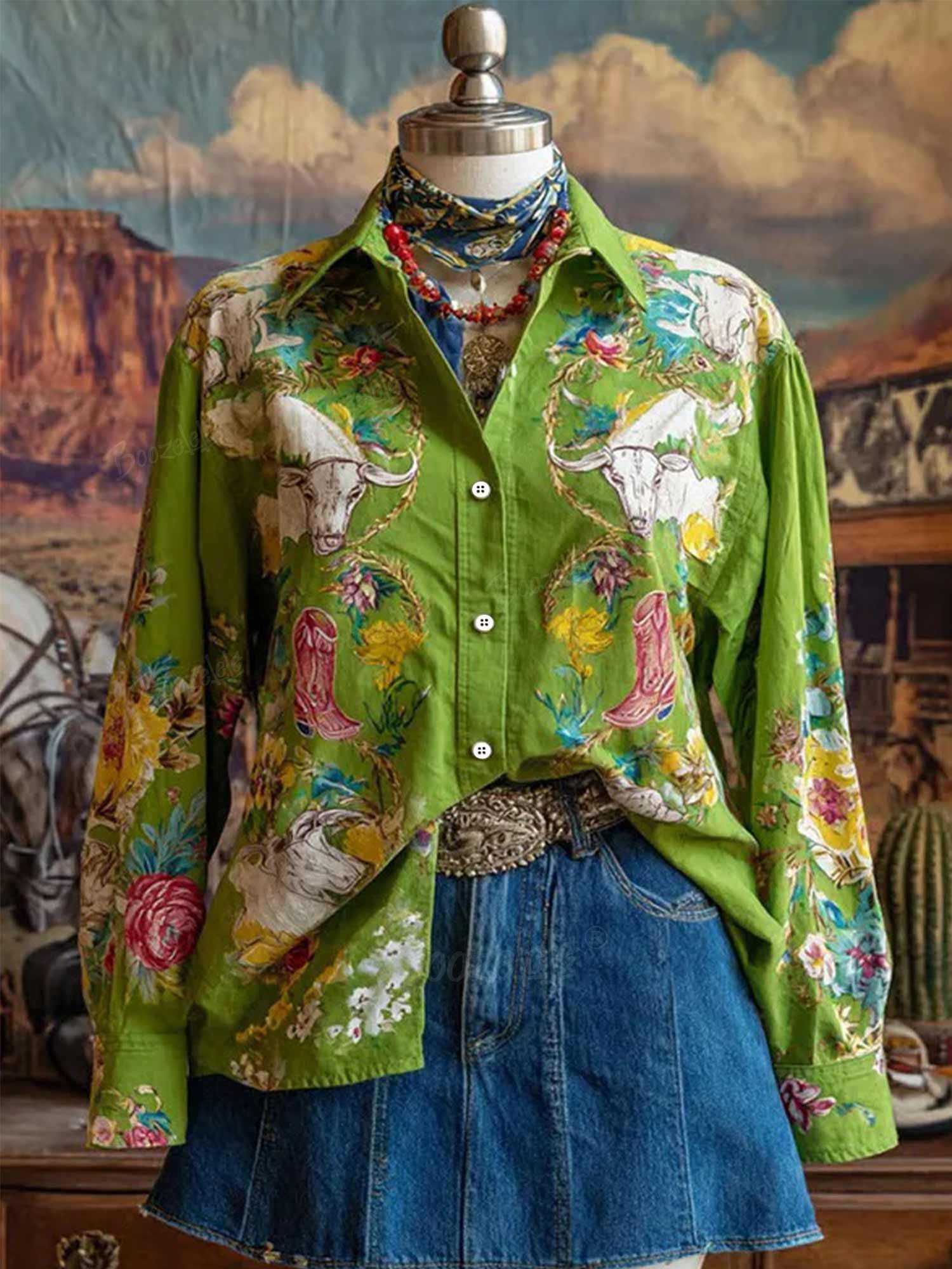 Women's Vintage Western Longhorn Boot  Design - 100% Cotton Long Sleeves Shirt
