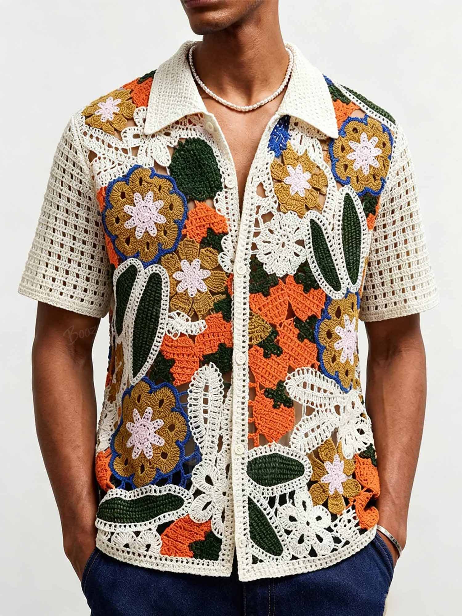 Men's Handmade Floral Crochet Openwork Polo Shirt