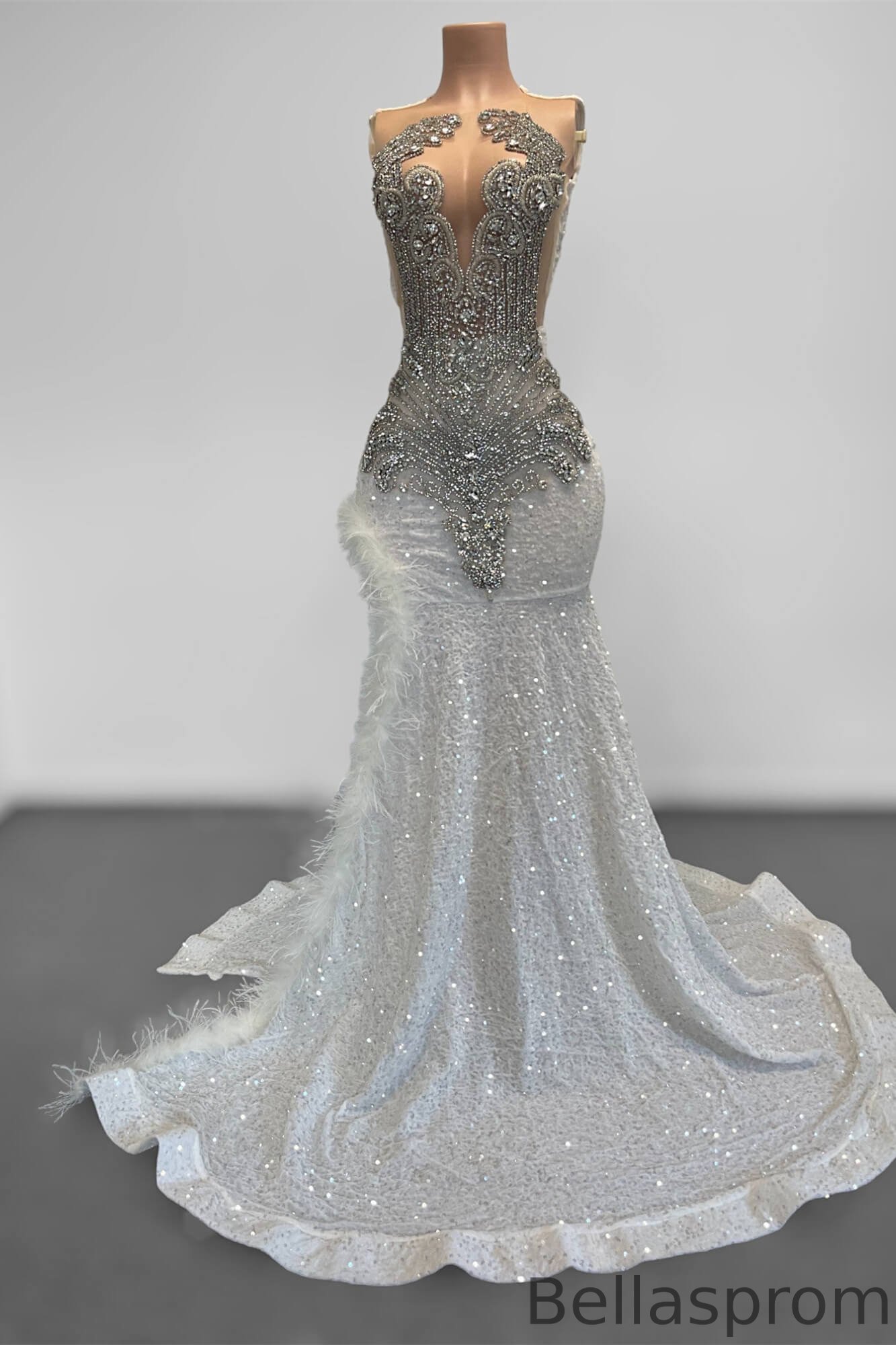 Bellasprom White Scoop Sleeveless Mermaid Prom Dress With Split Beadings Sequins Feathers Bellasprom