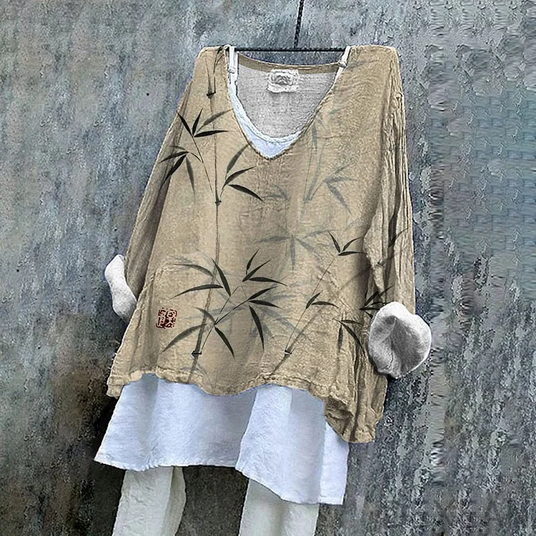 Women's Japanese Art Bamboo V Neck Shirt