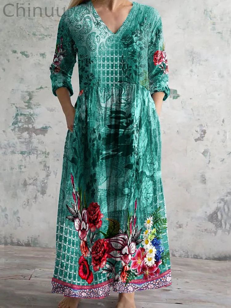 Women's Vintage Floral Print Casual Cotton Dress
