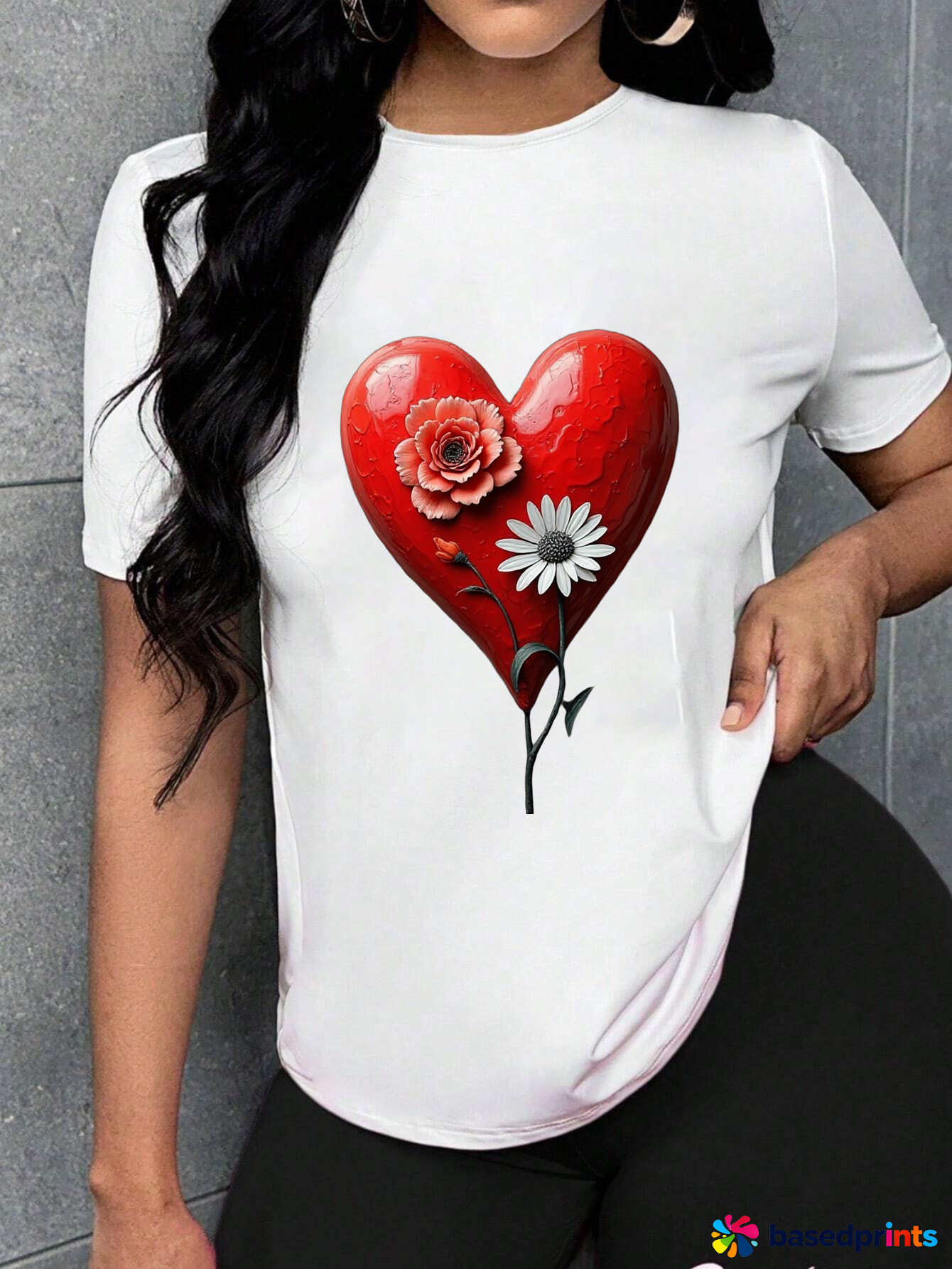 White Short Sleeve T-Shirt with Red Heart and Flowers
