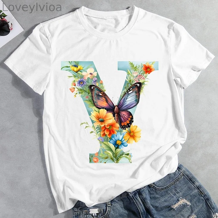 Butterfly Alphabet Y Round Neck T-shirt