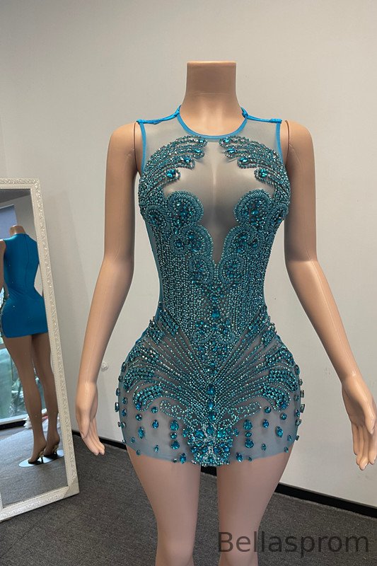 Bellasprom Ocean Blue Scoop Short Prom Dresses Sleeveless With Beadings Bellasprom