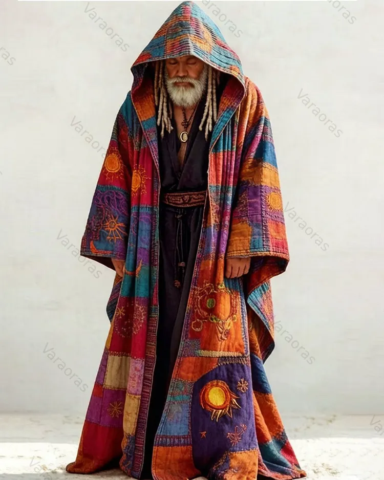 Men's Summer Fashion Hippie Style Star and Moon Embroidered Linen Cardigan Hooded Cape  6507