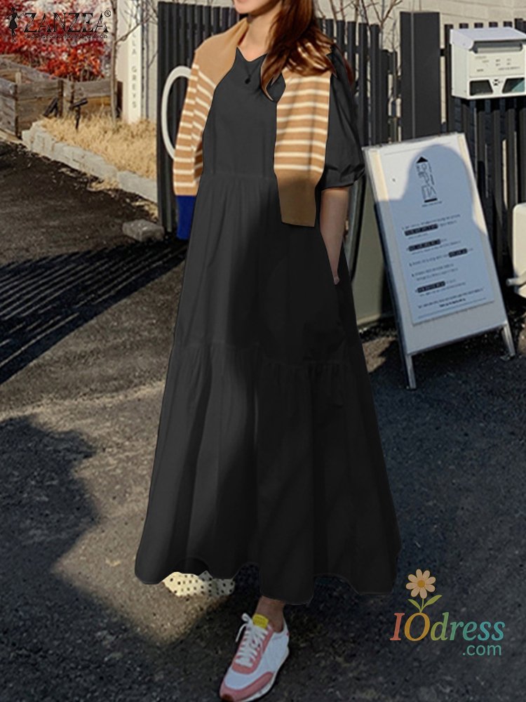 IO Dress Stylish Puff Sleeve Dress Women Summer Sundress 2025 Shop Solid Ruffle Maxi Long Vestidos Elegant A Line Loose Work Dresses IO Dress