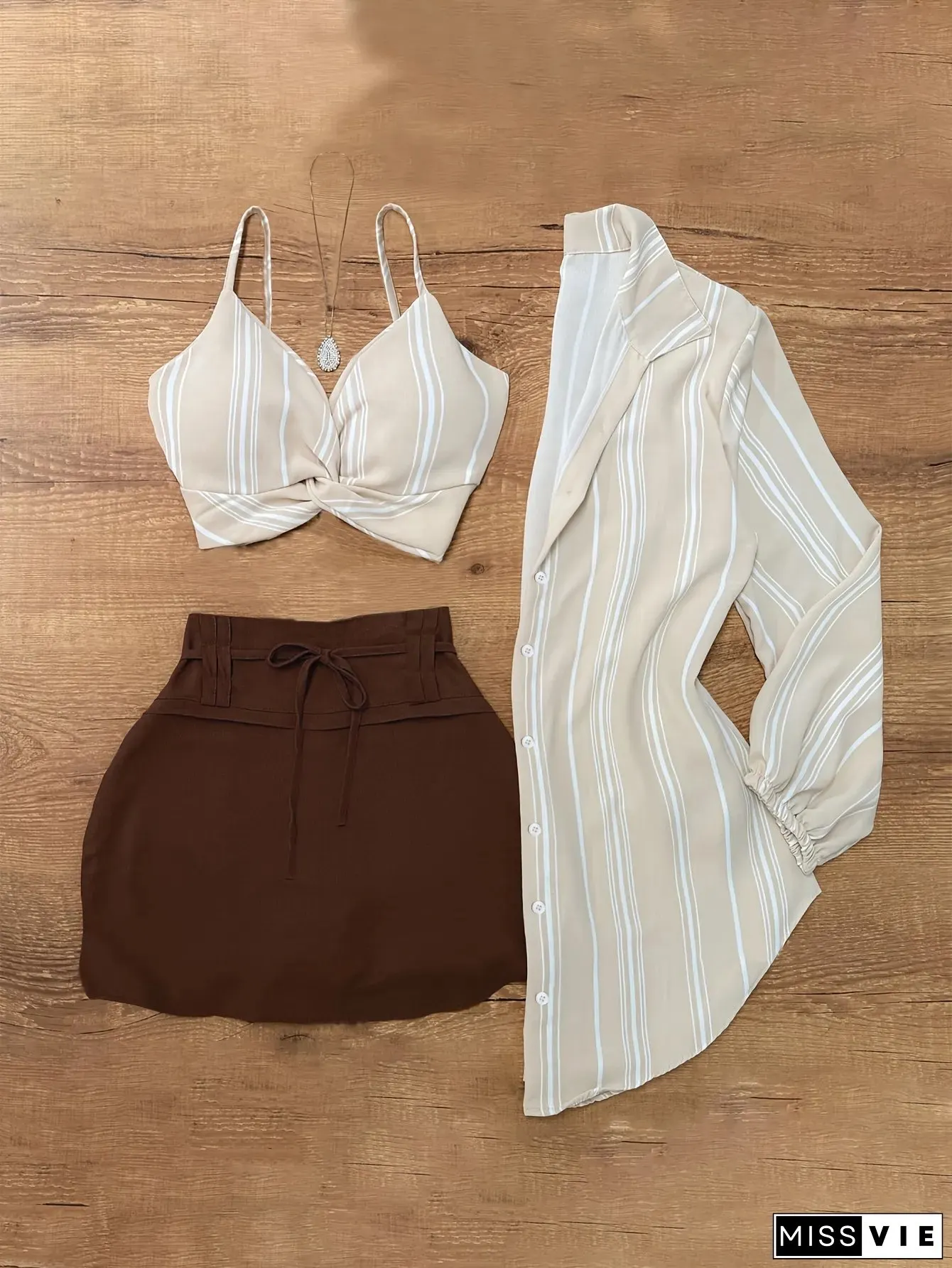 Womens Elegant Striped Knotted Blazer Skirt Set-V-Neck Long Sleeve Button-Up Polyester