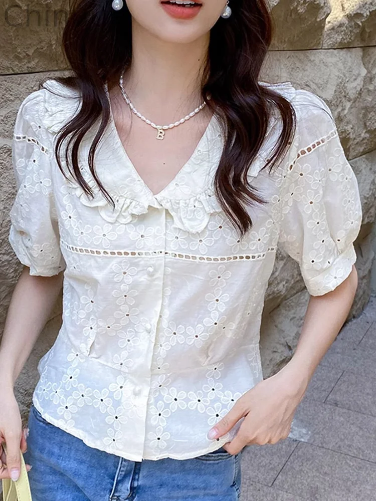 Embroidered Lace Puff Sleeve Top