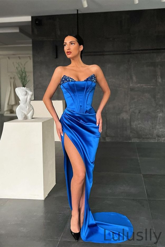 Luluslly Royal Blue Mermaid Prom Dress Split With Sequins