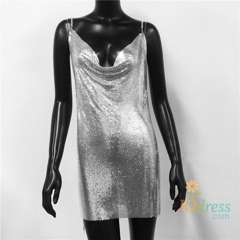 IO Dress Metal Sequins Low Cut Sexy Women Dress 2025 Sleeveless Backless Spaghetti Strap Neck Fashion Party Club Mini Dresses IO Dress