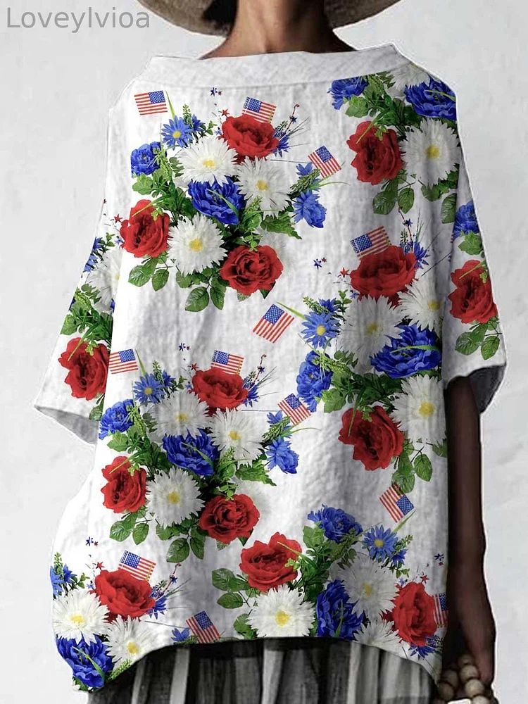 Women's Independence Day American Flag Floral Pattern Cotton and Linen Top